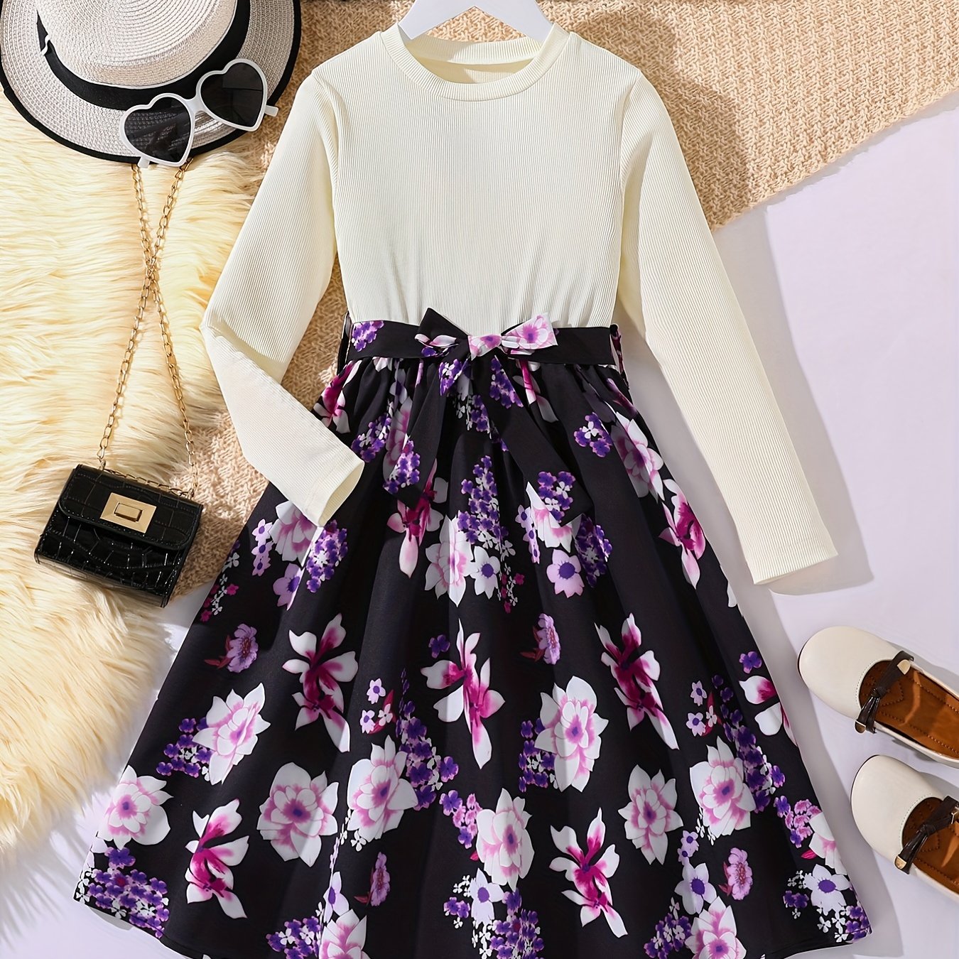 vlovelaw  Girls Long Sleeves Round Neck Flowers Splicing Belted Dress For Party Kids Spring Clothes