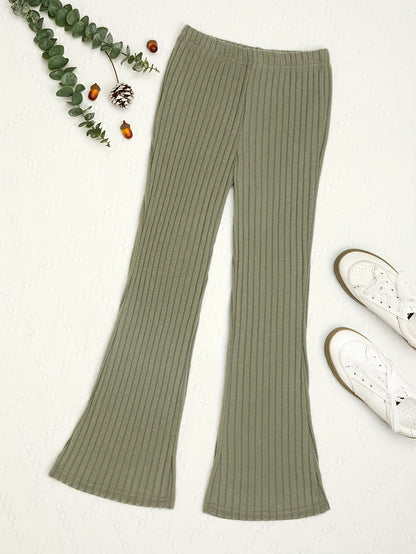 Girls Casual & Slim Ribbed Flare Pants High Waist Loose Fit Solid Color