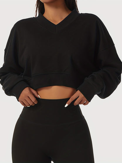 Women's Solid Cropped Long Sleeve Sweatshirts, Casual V Neck Pullover  Sports T-Shirts Tops, Women's Clothing