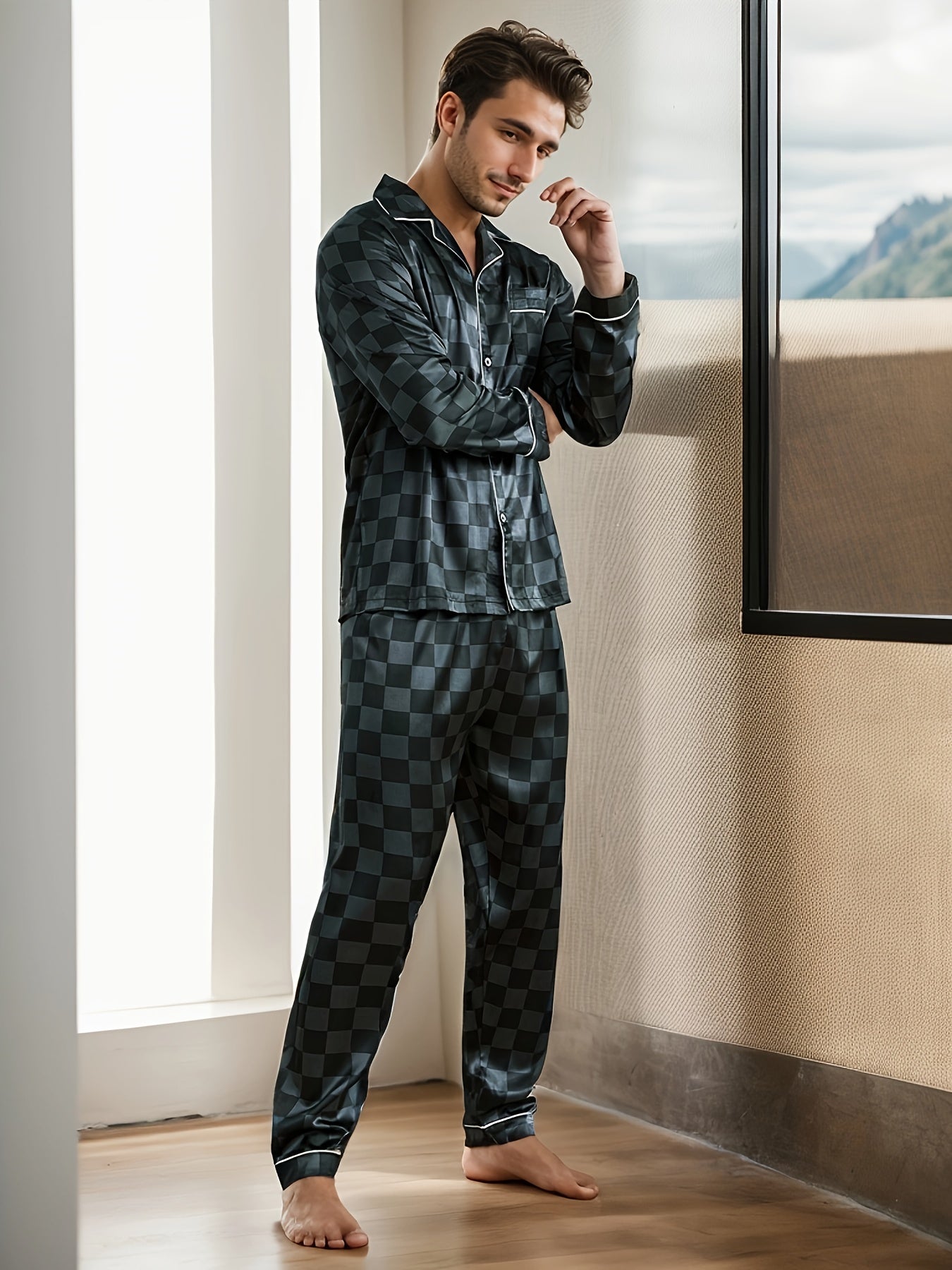 2 Pcs Men's Silky Trendy Plaid Print Open Front Long-sleeves & Long Pants Pajama Sets, Comfortable & Skin-friendly Style Pajamas For Men's Cozy Loungewear