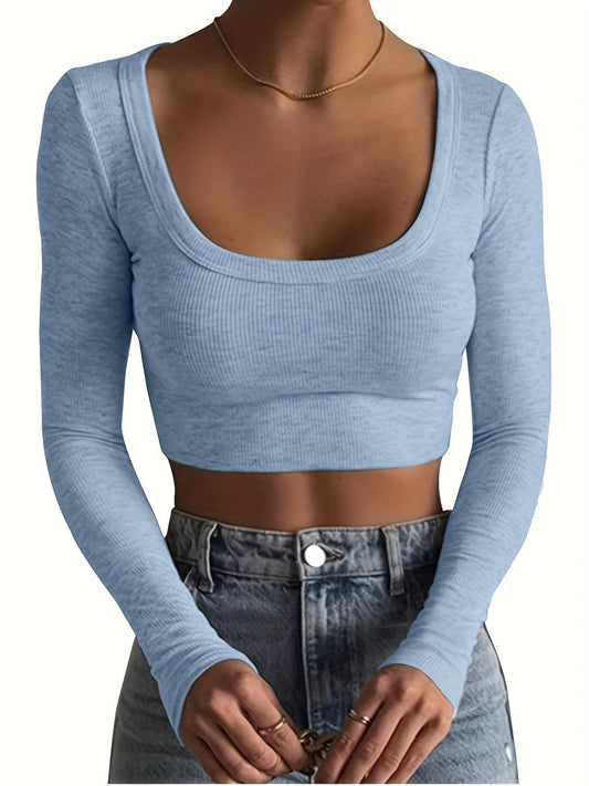 vlovelaw  Scoop Neck Cropped T-shirt, Sexy Solid Long Sleeve Slim T-shirt, Women's Clothing