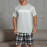 Mens Pajama Set - Relaxed Casual Style with Unique Grey Letter Print and Plaid Shorts, Ultra-Soft and Comfortable for Home and Outdoor Wearing, Perfect for Summer Season