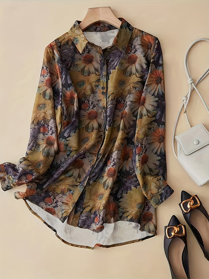 vlovelaw  Floral Print Button Front Shirt, Vintage Long Sleeve Collar Shirt, Women's Clothing