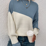 vlovelaw Color Block Loose Pullover Sweater, Elegant Long Sleeve Drop Shoulder Sweater, Women's Clothing