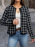 vlovelaw  Houndstooth Print Jacket, Casual Open Front Crew Neck Long Sleeve Outerwear, Women's Clothing