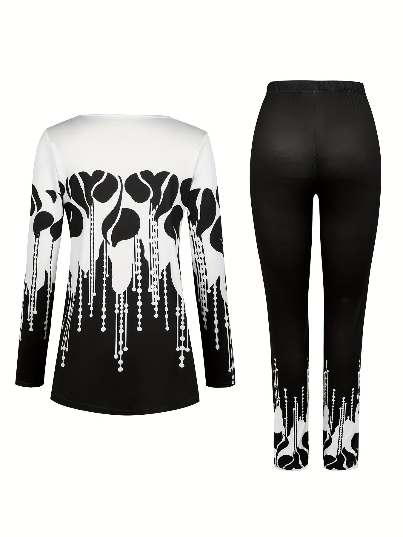 vlovelaw Abstract Print Casual Two-piece Set, Crew Neck Long Sleeve Tops & Long Length Slim Pants Outfits, Women's Clothing