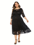 Plus Size Elegant Midi Lace Dress with 3/4 Sleeves - Crew Neck, Trapeze Hem, Pocket Details, Fitted Silhouette - Perfect for Wedding, Evening, Occasion, and Engagement Ceremony