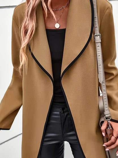 Contrast Trim Open Front Coat, Casual Long Sleeve Coat For Fall & Winter, Women's Clothing