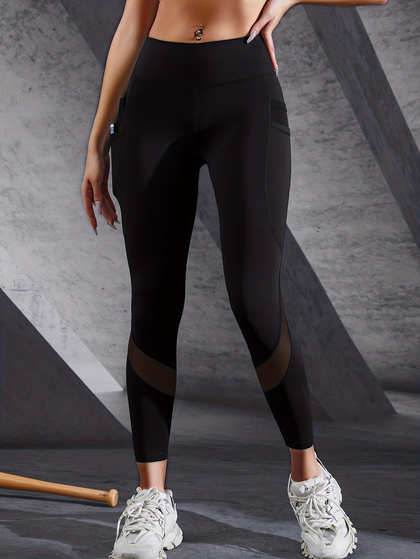 vlovelaw  Boost Your Workout with Women's Tummy Control Sports Yoga Leggings - Phone Pocket, Mesh Contrast & Breathable Tight-Fitting Pants!