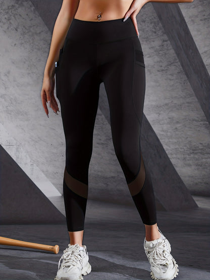 vlovelaw  Boost Your Workout with Women's Tummy Control Sports Yoga Leggings - Phone Pocket, Mesh Contrast & Breathable Tight-Fitting Pants!