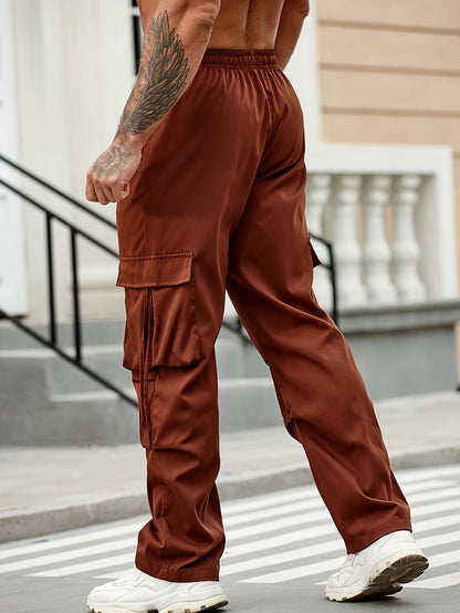 vlovelaw  Solid Men's Chic Daily Cargo Pants With Big Pockets And Drawstring, All Seasons Outdoor Pants