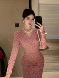 vlovelaw  Solid V-neck Slim Dress, Elegant Long Sleeve Bodycon Dress For Spring & Fall, Women's Clothing