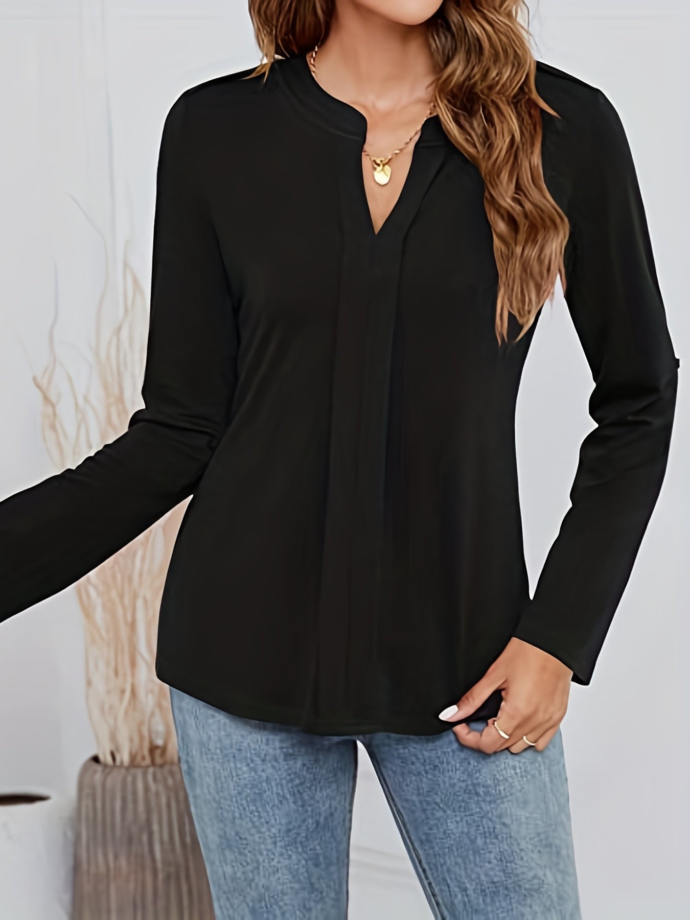 vlovelaw  Solid Notch Neck Blouse, Elegant Versatile Long Sleeve Blouse, Women's Clothing