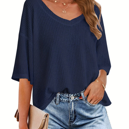 vlovelaw Solid Elegant V Neck T-Shirt, Drop Shoulder Casual Top For Summer & Spring, Women's Clothing