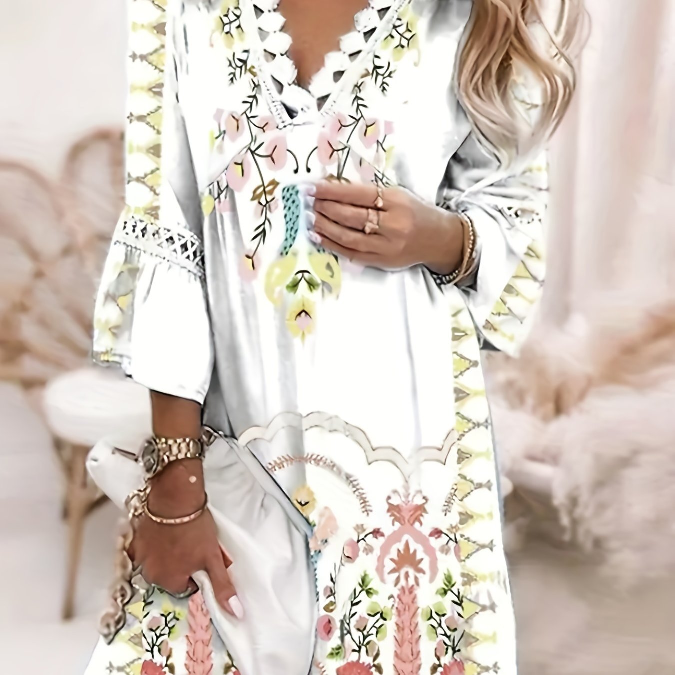 vlovelaw  Floral Print Lace Trim Dress, Vacation 3/4 Sleeve Summer V Neck Midi Dress, Women's Clothing