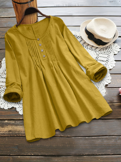 Plus Size Button Decoration Round Neck Oversized Blouse, Women's Plus Ruched Front Women Tops