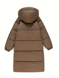 Women's Casual Long Puffer Coat - Mid-Length, Solid Color with Hood, Polyester, Machine Washable