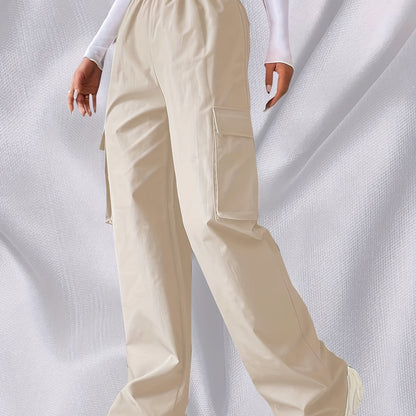 vlovelaw Plain Elastic Waist Cargo Pants, Flap Pockets Loose Fit High Waist Sports Pants, Women's Activewear