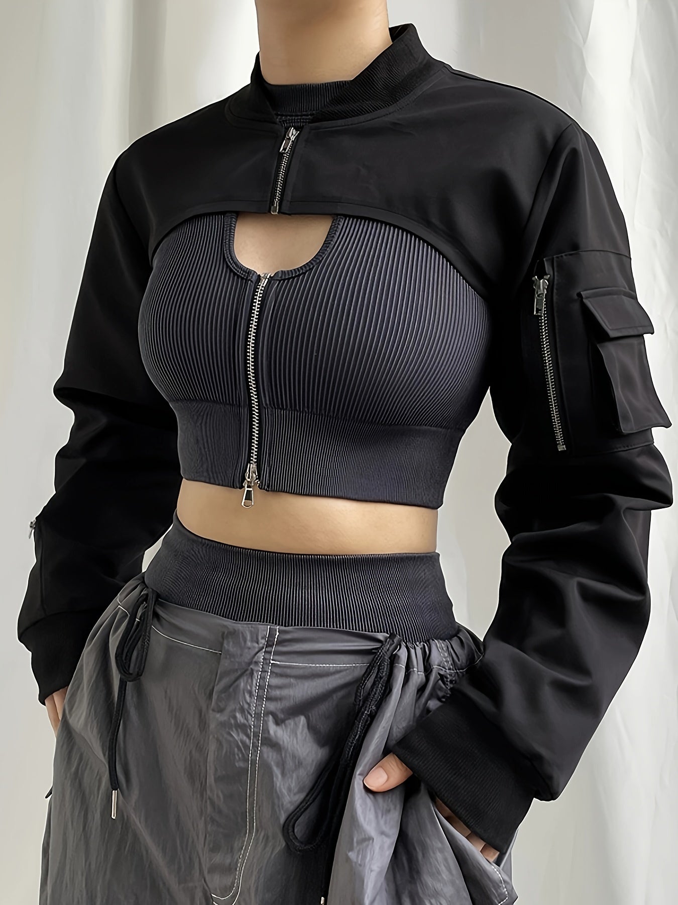 vlovelaw  Solid Flap Pockets Crop Jacket, Versatile Long Sleeve Zipper Cropped Bomber Jacket, Women's Clothing