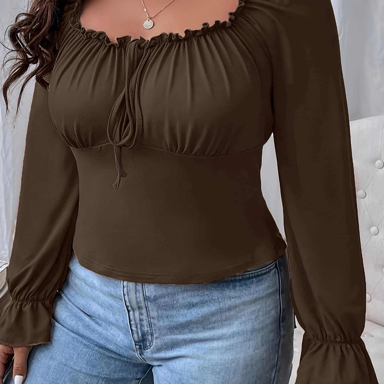 vlovelaw  Plus Size Casual Top, Women's Plus Solid Lettuce Trim Flounce Sleeve Tie Front Square Neck Slim Fit Top