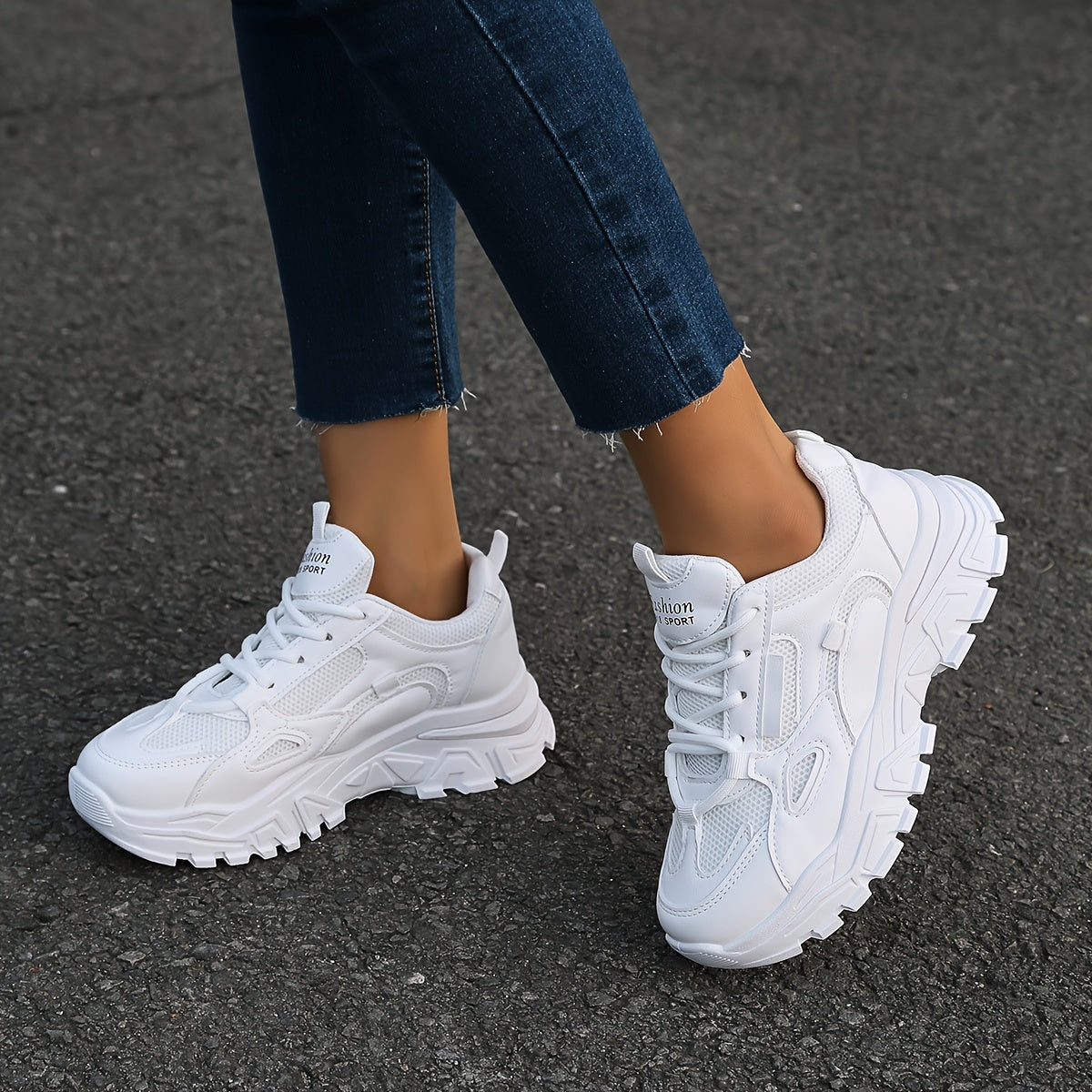 vlovelaw  Fashion Simple Thick Bottom White Shoes, Comfortable And Breathable Lace Up Outdoor Sneakers