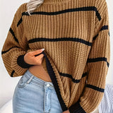 vlovelaw  Striped Color Block Crew Neck Sweater, Casual Long Sleeve Loose Fall Winter Knit Sweater, Women's Clothing