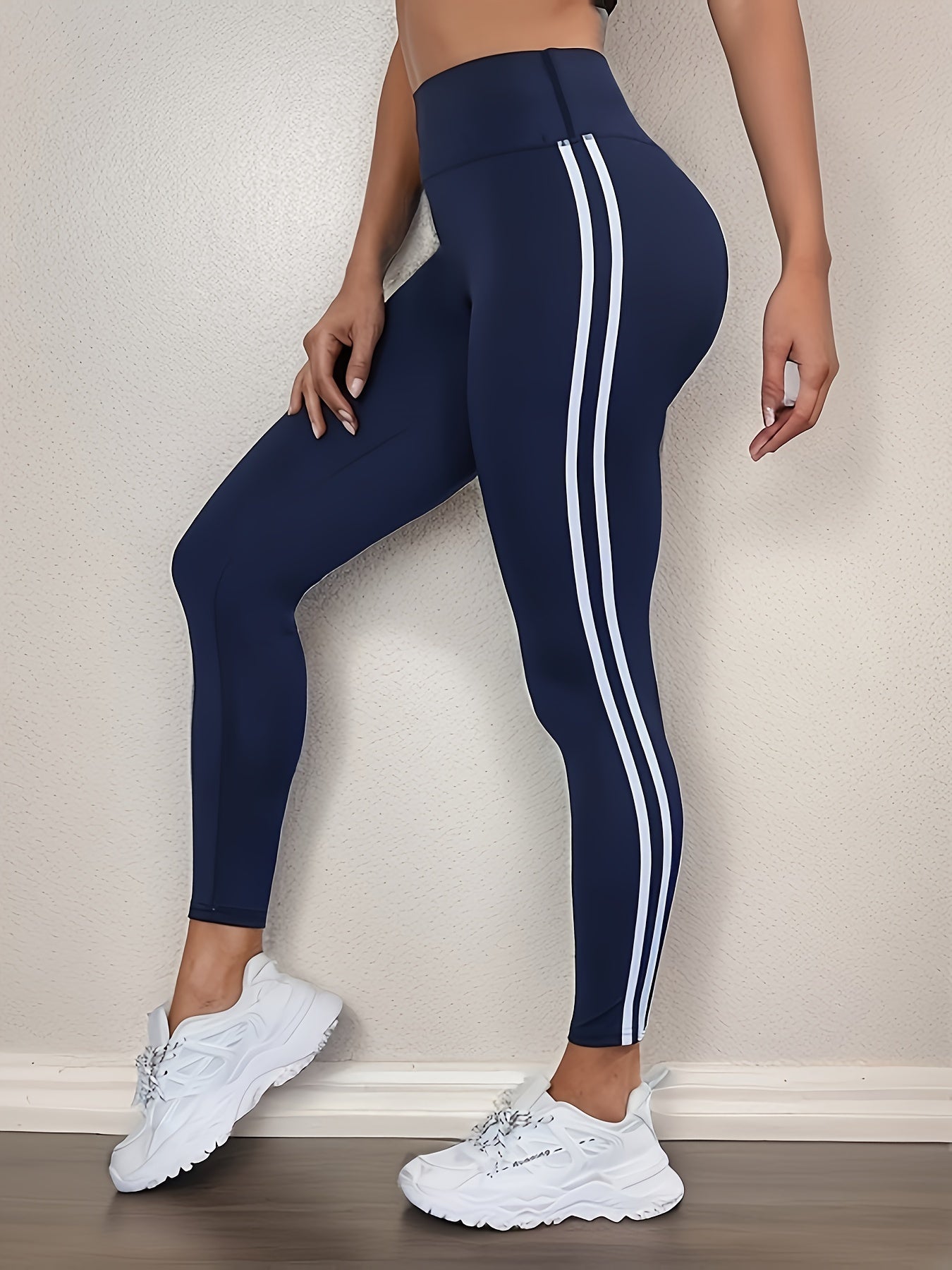 vlovelaw  Contrast Color Striped Slim Fit Yoga Pants, Seamless Running Sports Workout Stretchy Leggings, Women's Activewear