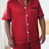 2PCS Plus Size Mens Luxury Sleepwear Set - Soft Short Sleeve Lapel Top & Pants - Lightweight, Summer-Ready, Comfortable Lounge Wear for Stylish Nights