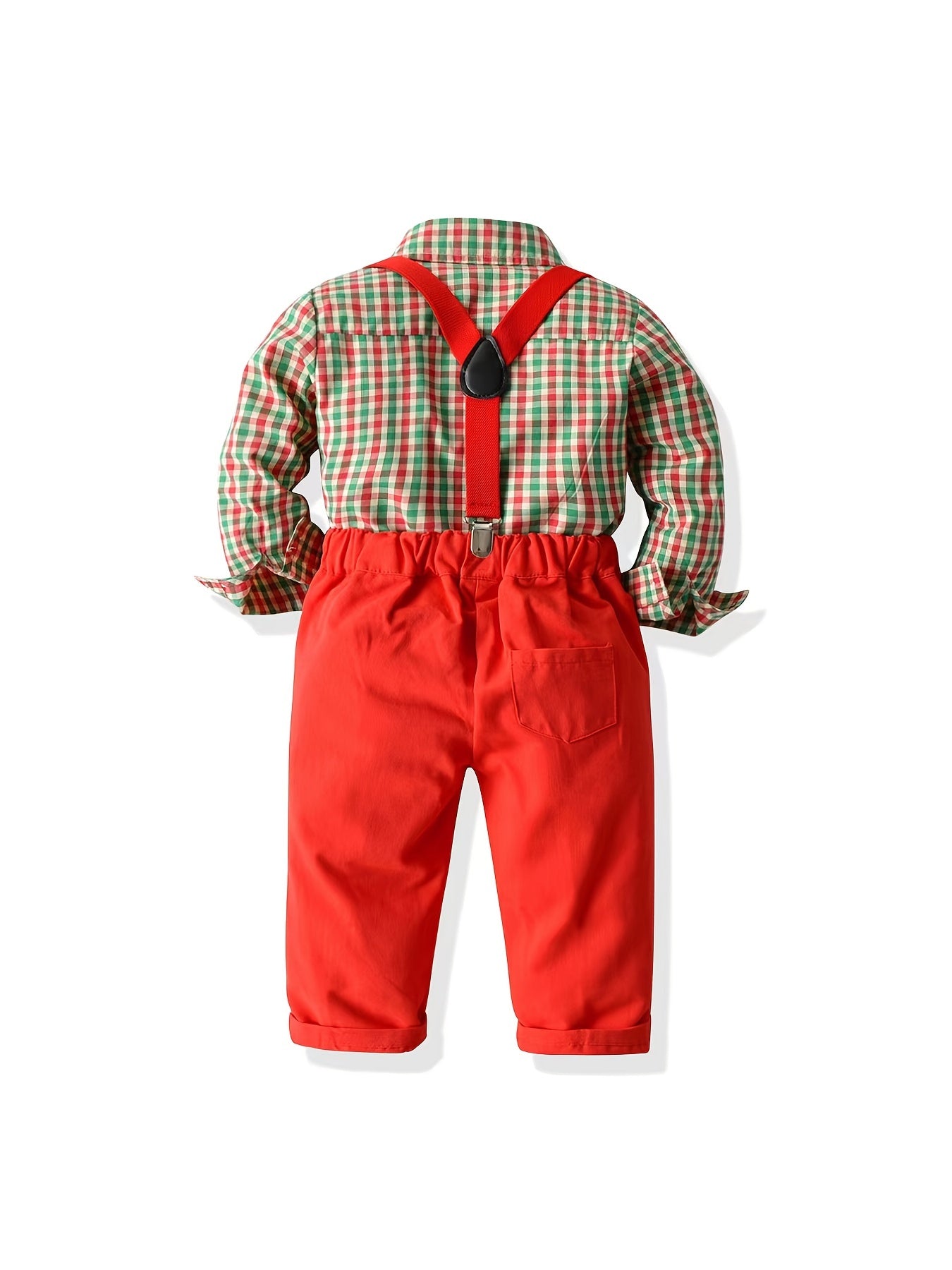 Boy's Plaid Long Sleeve Gentleman Christmas Set with Lapel Shirt & Solid Suspender Pants for Party, Daily & Outdoor Wear