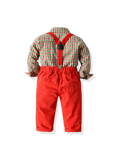 Boy's Plaid Long Sleeve Gentleman Christmas Set with Lapel Shirt & Solid Suspender Pants for Party, Daily & Outdoor Wear