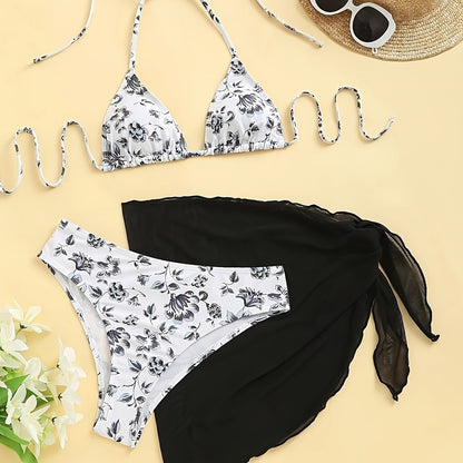 3 Piece Set Floral Pattern Bikini - Triangle Halter Neck High Cut Swimsuits with Detachable Cover-Up Skirt - Comfortable, Chic, and Versatile Women's Swimwear for Summer Vacation