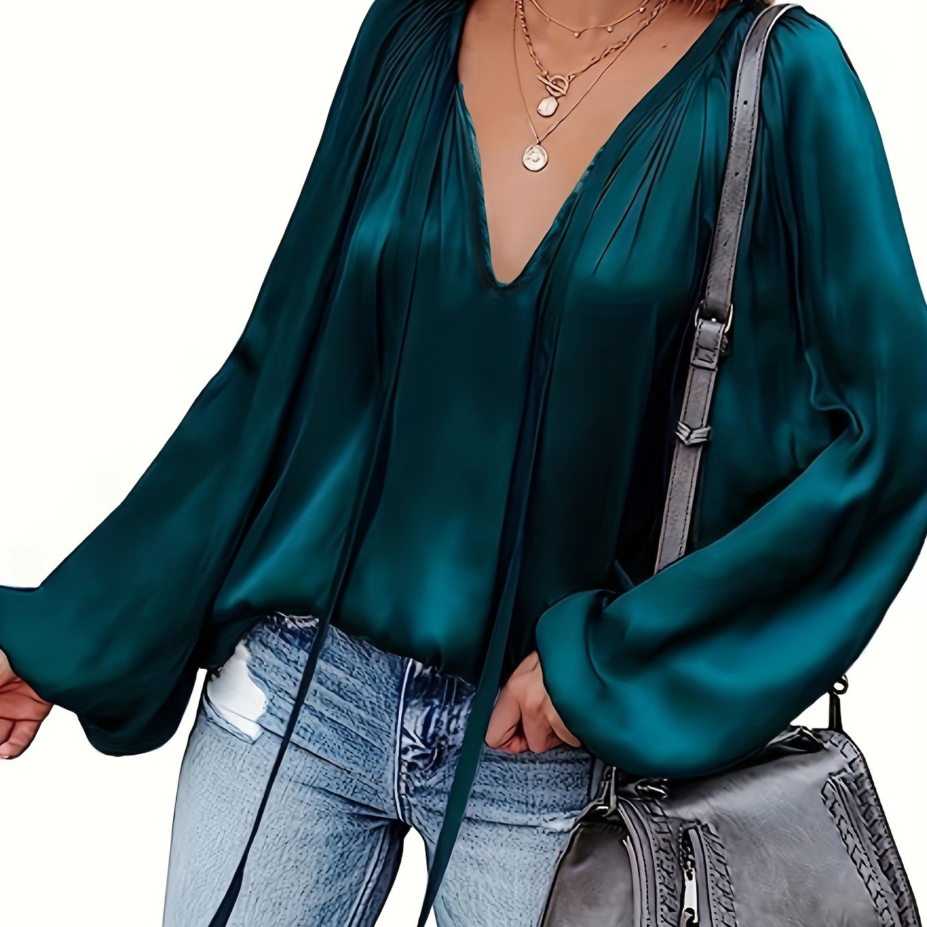 Solid Tie Neck Pleated Blouse, Casual Long Sleeve Blouse For Spring & Fall, Women's Clothing