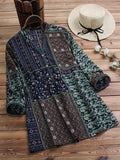 Plus Size Casual Top, Women's Plus Paisley Print Long Sleeve V Neck Henley Shirt