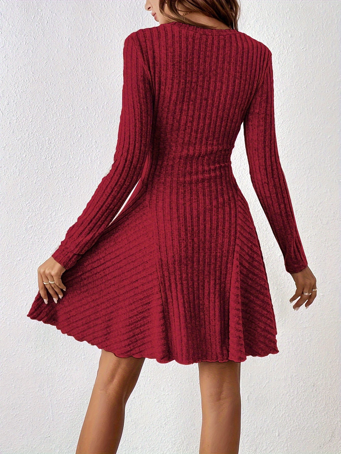 vlovelaw  Solid Ribbed V Neck Dress, Casual Long Sleeve A-line Dress, Women's Clothing