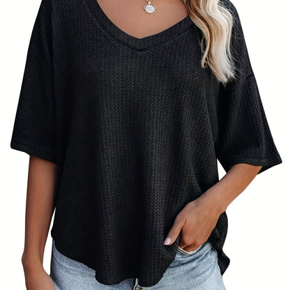 vlovelaw Solid Elegant V Neck T-Shirt, Drop Shoulder Casual Top For Summer & Spring, Women's Clothing