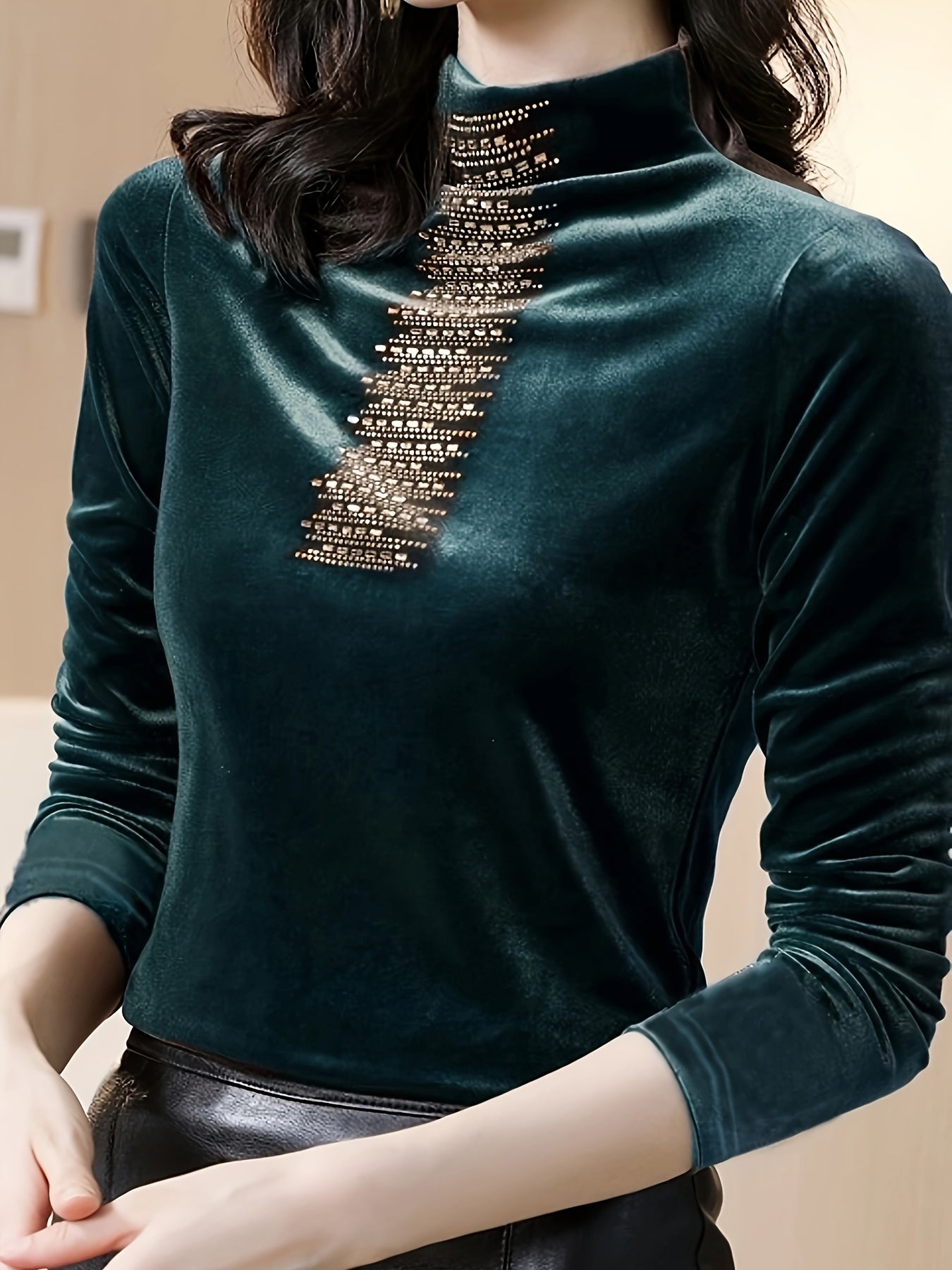 vlovelaw Solid Mock Neck Tee, Elegant Long Sleeve T-shirt For Fall & Winter, Women's Clothing