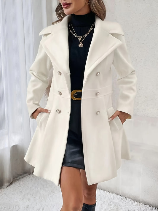 vlovelaw  Double-breasted Flare Coat, Elegant Notched Collar Long Sleeve Blazer For Fall & Winter, Women's Clothing