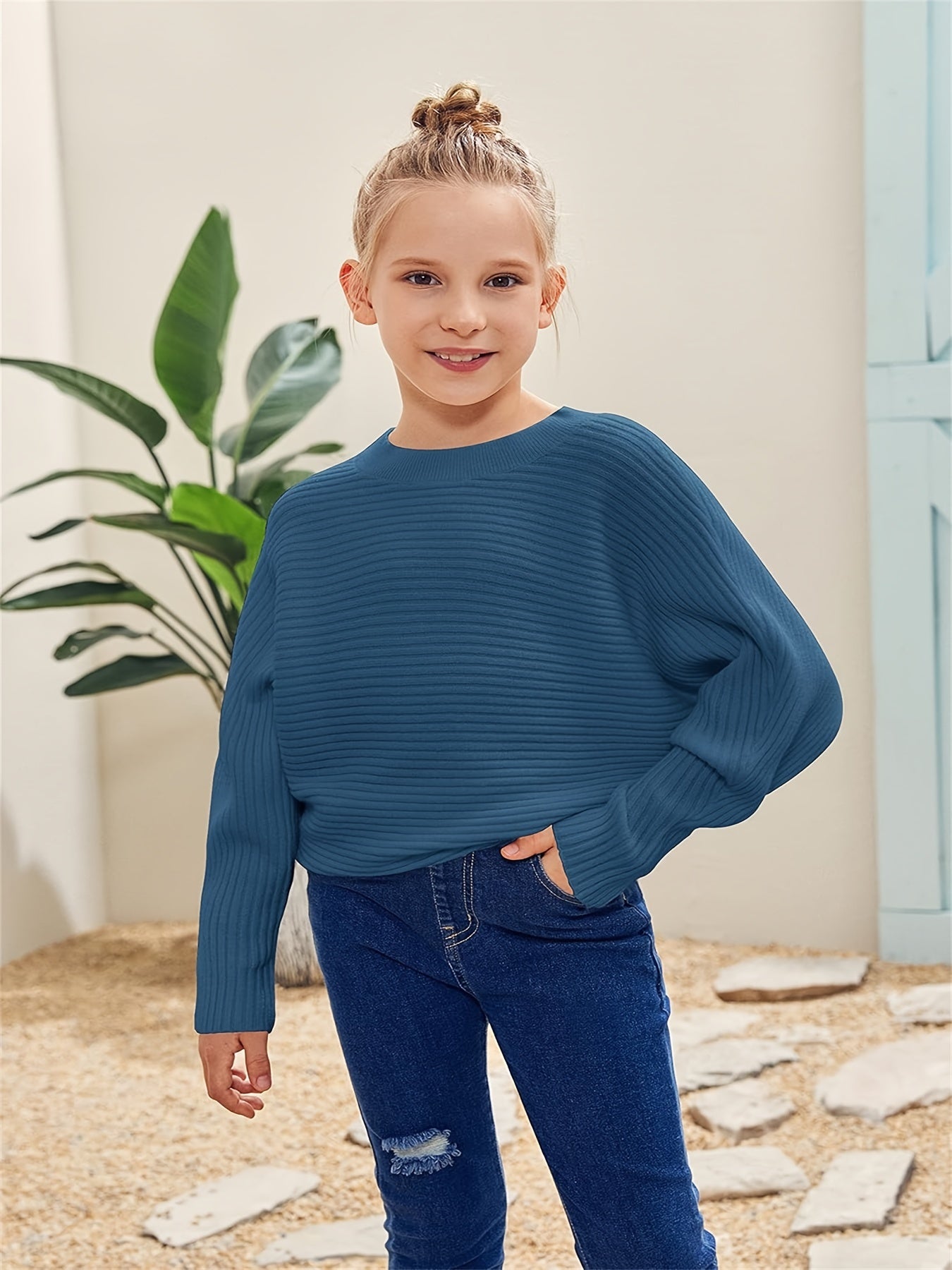 Kids' Cozy Oversized Batwing Crewneck Sweater - Soft, Chunky, Slouchy, Long Sleeve, Fall Fashion Essential for Girls - Cute Pullover Jumper Shirt for Casual Daily Wear