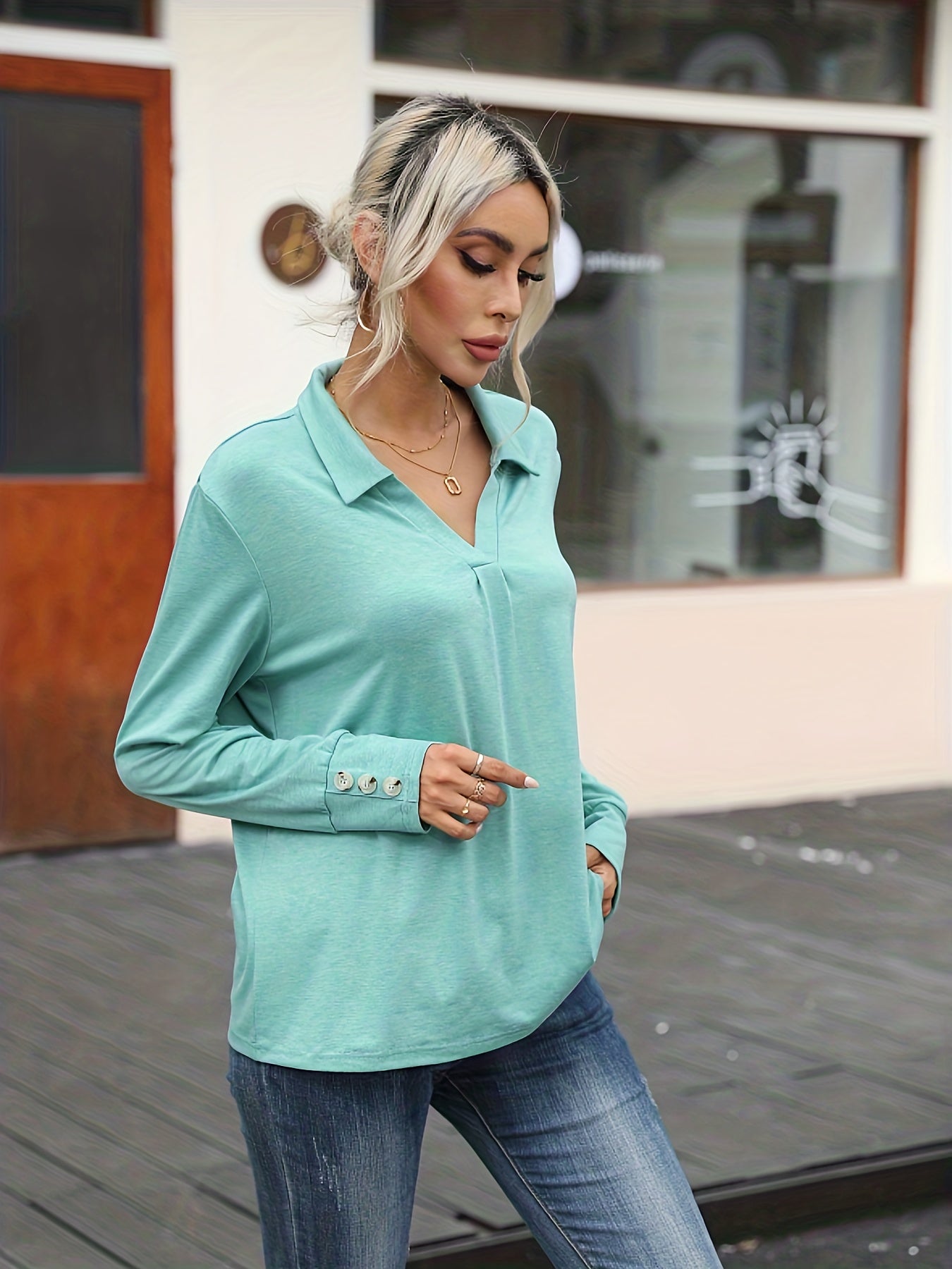 vlovelaw Simple Solid Blouse, Casual V Neck Long Sleeve Blouse, Women's Clothing