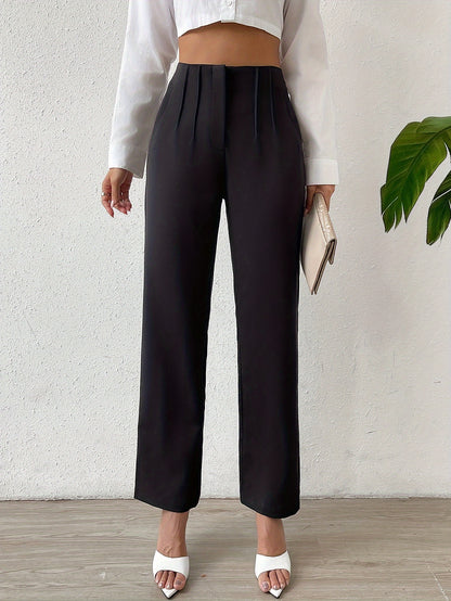 vlovelaw  Solid High Waist Pants, Elegant Straight Leg Ruched Pants, Women's Clothing