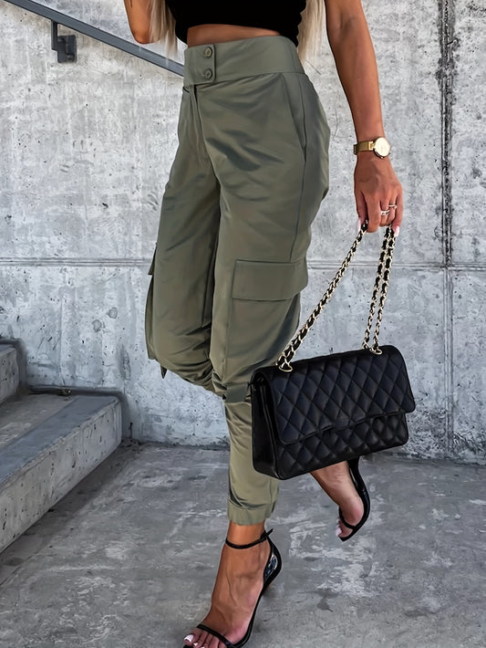 Solid Flap Pocket Jogger Cargo Pants, Vintage High Waist Fashion Pants, Women's Clothing