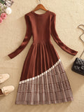 vlovelaw  Colorblock Pattern Pleated Hem Knitted Dress, Casual Long Sleeve Dress For Winter & Fall, Women's Clothing