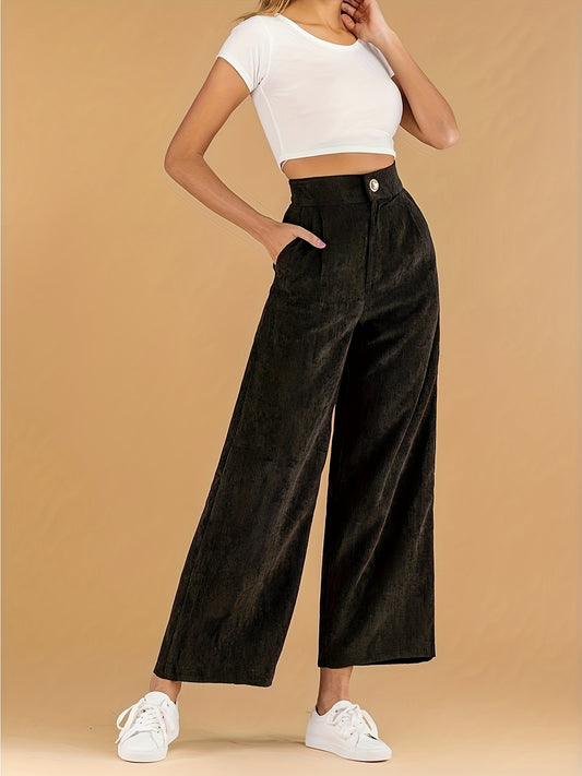 Solid Corduroy Wide Leg Pants, Casual High Waist Slant Pocket Pants, Women's Clothing