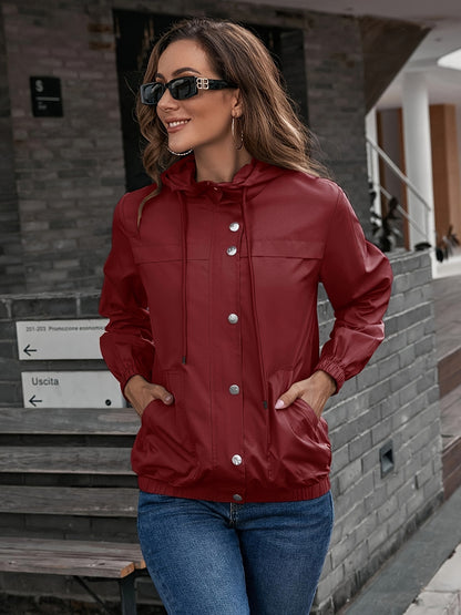 Drawstring Hooded Windproof Jacket, Casual Solid Long Sleeve Outerwear, Women's Clothing