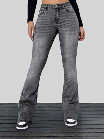 vlovelaw  Whiskering Grey Flare Leg Jeans, High Stretch Zipper Button Closure Bell Bottom Denim Pants, Women's Denim Jeans & Clothing