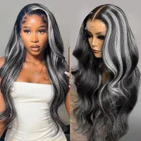 Medium Bob Wigs for Women Human Hair Lace Frontal Wig Ash White Blonde Grey Highlights Colored Wig 13x4 HD Glueless Wavy Synthetic Wig