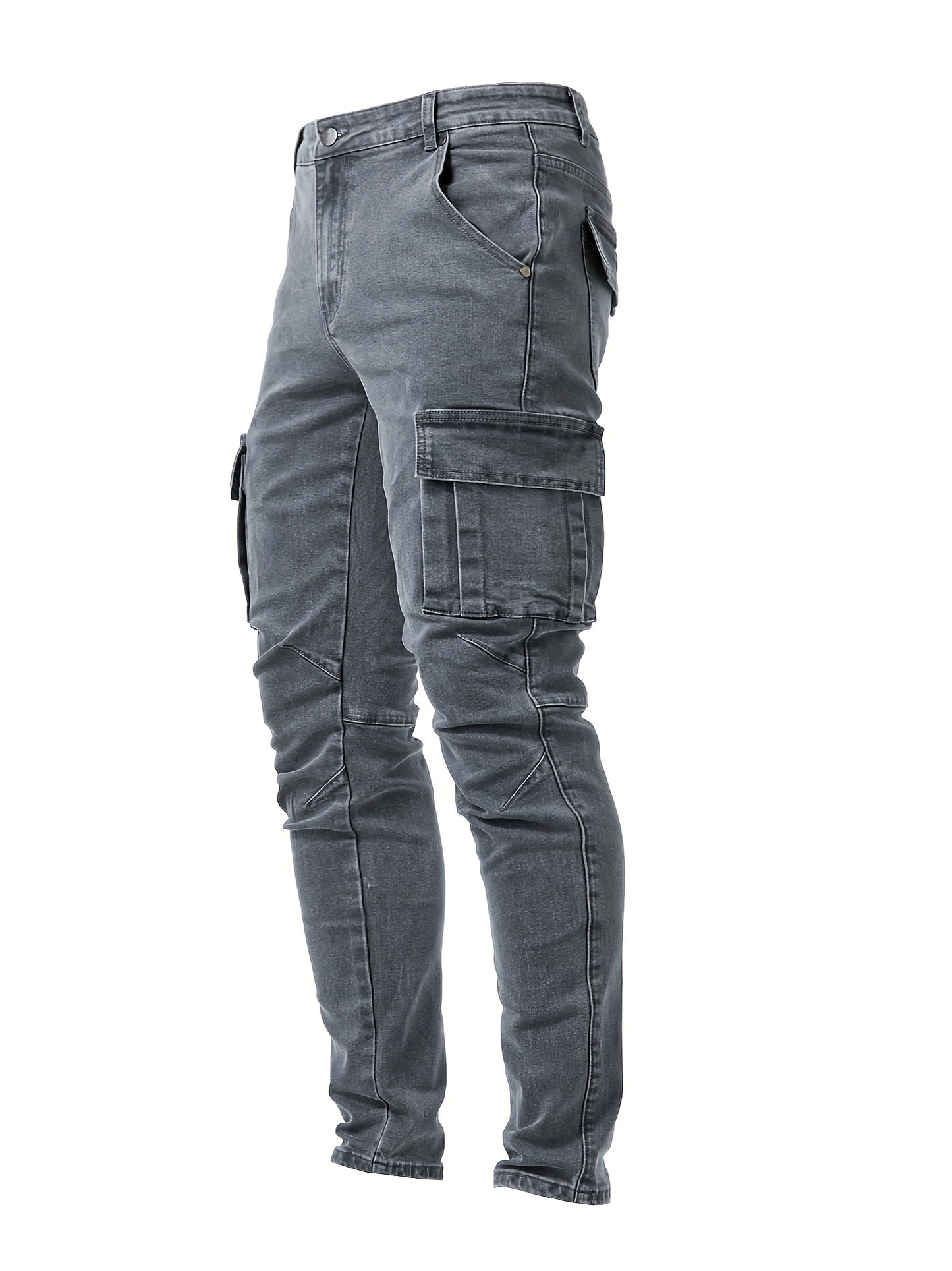 vlovelawSlim Fit Multi Pocket Jeans, Men's Casual Street Style High Stretch Denim Pants For All Seasons Outdoor