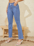 vlovelaw  Blue Double Button Bootcut Jeans, High Stretch Slant Pockets Casual Denim Pants, Women's Denim Jeans & Clothing