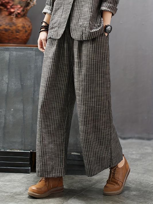 vlovelaw  Striped Print Casual Two-piece Set, Lapel One Button Long Sleeve Blazer & Long Length Wide Leg Pants Outfits, Women's Clothing