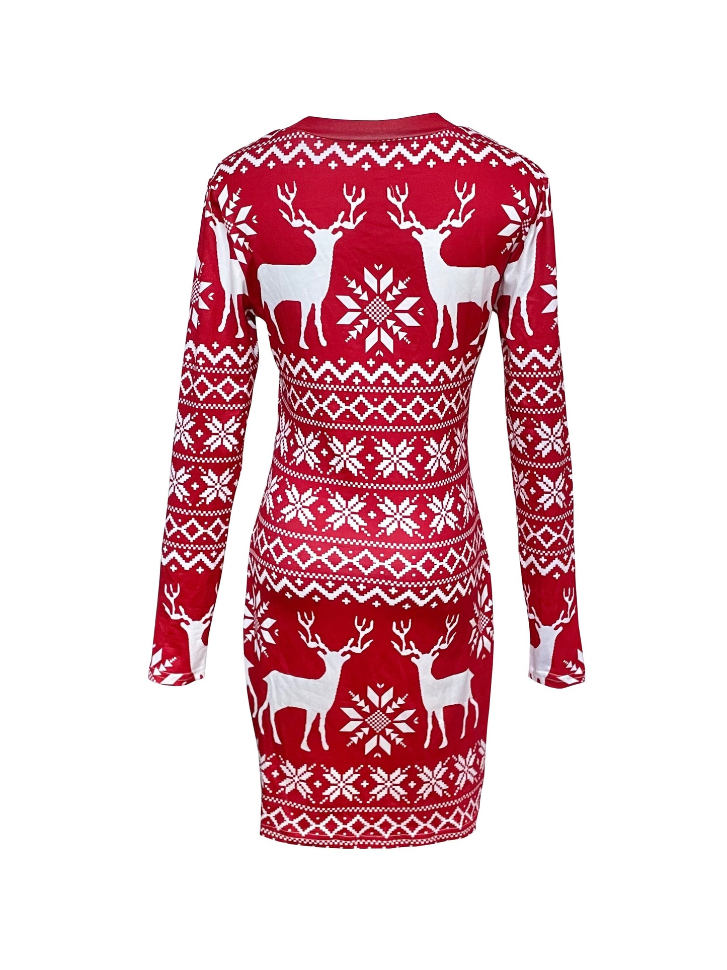 vlovelaw Christmas Deer Print Bodycon Dress, Casual Crew Neck Long Sleeve Mini Dress, Women's Clothing